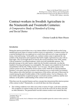 Contract-Workers in Swedish Agriculture in the Nineteenth and Twentieth Centuries: a Comparative Study of Standard of Living and Social Status