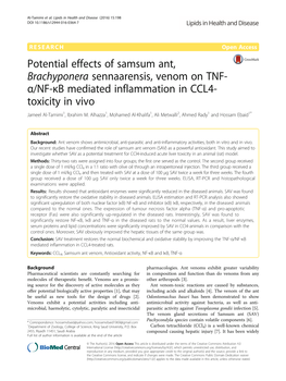 Potential Effects of Samsum Ant, Brachyponera Sennaarensis, Venom on TNF- Α/NF-Κb Mediated Inflammation in CCL4- Toxicity in Vivo Jameel Al-Tamimi1, Ibrahim M