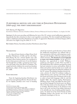 Life and Time of Jonathan Hutchinson (1828-1913), the First Sarcoidologist