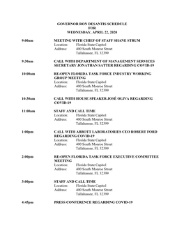 Governor Ron Desantis Schedule for Wednesday, April 22, 2020