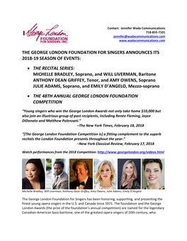 THE GEORGE LONDON FOUNDATION for SINGERS ANNOUNCES ITS 2018-19 SEASON of EVENTS: • the RECITAL SERIES: MICHELLE BRADLEY, Sopra