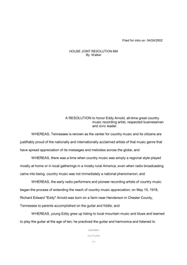 A RESOLUTION to Honor Eddy Arnold, All-Time Great Country Music Recording Artist, Respected Businessman and Civic Leader