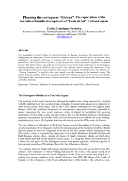 Planning the Portuguese “Riviera”. the Expectations of the Touristic-Urbanistic Developments of “Costa Do Sol”: Lisbon-Cascais