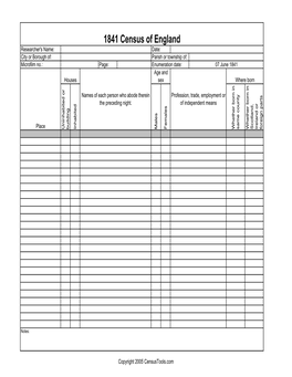 England Researcher's Name: Date: City Or Borough Of: Parish Or Township Of: Microfilm No.: Page: Enumeration Date: 07 June 1841 Age and Houses Sex Where Born