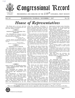 Congressional Record United States Th of America PROCEEDINGS and DEBATES of the 115 CONGRESS, FIRST SESSION