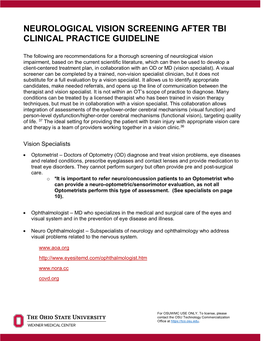 Neurological Vision Screening After Tbi Clinical Practice Guideline