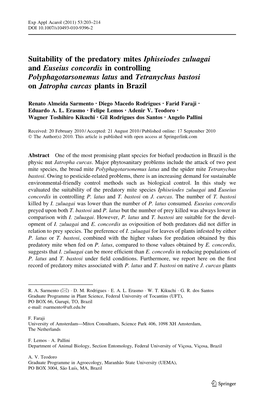 Suitability of the Predatory Mites Iphiseiodes Zuluagai