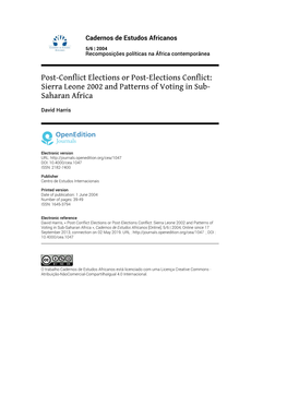 Sierra Leone 2002 and Patterns of Voting in Sub-Saharan Africa