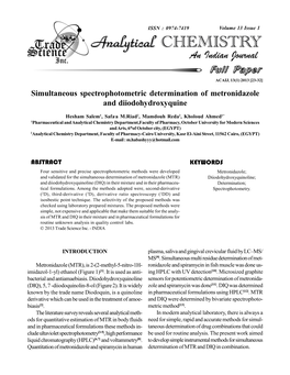 Simultaneous Spectrophotometric Determination of Metronidazole and Diiodohydroxyquine