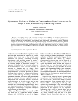 Vighneswara: the Lord of Wisdom and Desire As Gleaned from Literature and the Images in Stone, Wood and Ivory in Salar Jung Museum