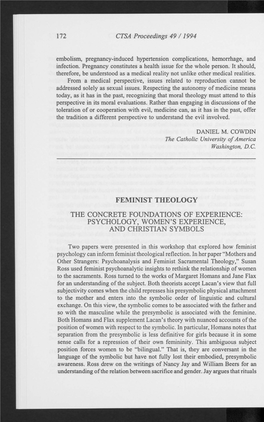 Feminist Theology the Concrete Foundations of Experience: Psychology, Women's Experience, and Christian Symbols