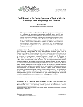 Final Records of the Sambe Language of Central Nigeria: Phonology, Noun Morphology, and Wordlist