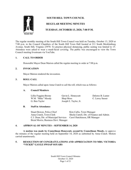 South Hill Town Council Regular Meeting Minutes