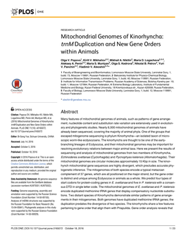 Mitochondrial Genomes of Kinorhyncha: Trnm Duplication and New Gene Orders Within Animals