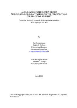 Anglo-Saxon Capitalism in Crisis? Models of Liberal Capitalism and the Preconditions for Financial Stability