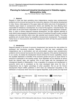 Planning for Balanced Industrial Development in Vidarbha Region, Maharashtra, India 49Th ISOCARP Congress 2013