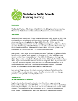 Nomination the Board of Trustees of Saskatoon School Division No. 13 Is Pleased to Nominate Ray Morrison for the Saskatchewan Sc