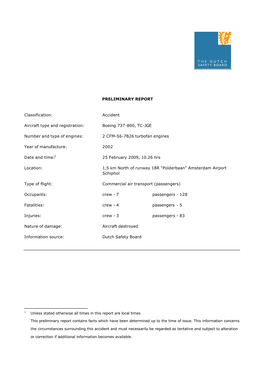 Prelimenary Report by the Dutch Aviation Safety Board on the Turkish Airline Accident at Amsterdam