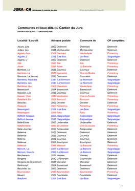 Communes Et Lieux Dits Du Jura 2009