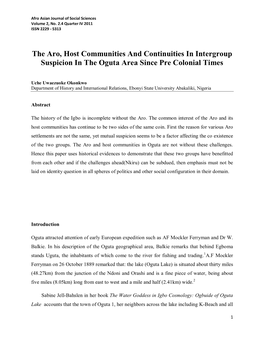 The Aro, Host Communities and Continuities in Intergroup Suspicion in the Oguta Area Since Pre Colonial Times