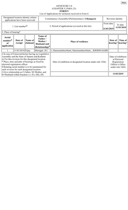 ANNEXURE 5.8 (CHAPTER V, PARA 25) FORM 9 List of Applications For