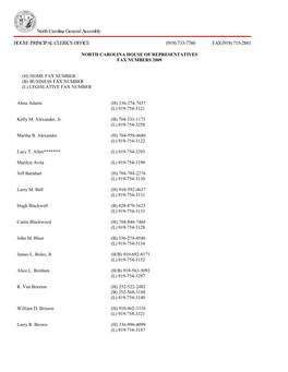 North Carolina House of Representatives Fax Numbers 2009