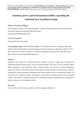 Emotions, Power, and Environmental Conflict: Expanding the ‘Emotional Turn’In Political Ecology