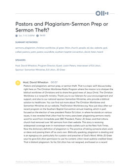 Pastors and Plagiarism-Sermon Prep Or Sermon Theft? Sat, 7/10 3:45PM 54:00