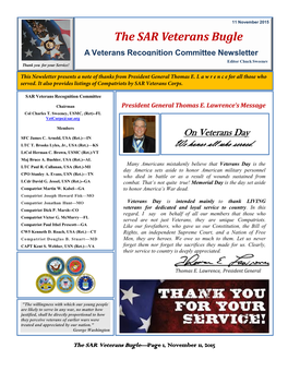 The SAR Veterans Bugle a Veterans Recognition Committee Newsletter Editor Chuck Sweeney Thank You for Your Service!