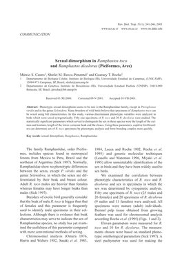 Sexual Dimorphism in Ramphastos Toco and Ramphastos Dicolorus (Piciformes, Aves)