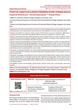 STUDY of CAROTICO CLINOID FORAMEN in DRY HUMAN SKULLS Vijayshree Muthukumar 1, Komala Nanjundaiah *2 Shailaja Shetty 3