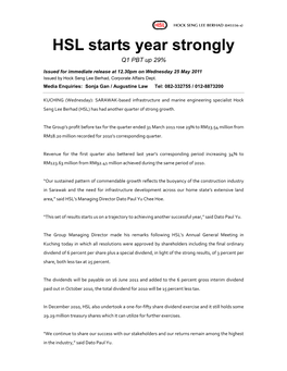 HSL Starts Year Strongly Q1 PBT up 29%