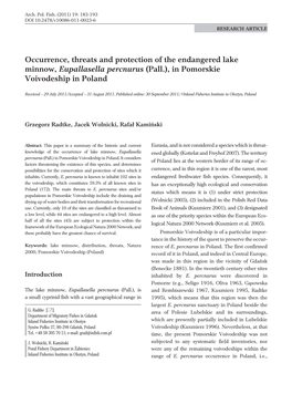 Occurrence, Threats and Protection of the Endangered Lake Minnow, Eupallasella Percnurus (Pall.), in Pomorskie Voivodeship in Poland