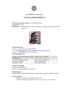 CV Full Name of the Faculty Member: Dr. Sudakshina Gupta Designation