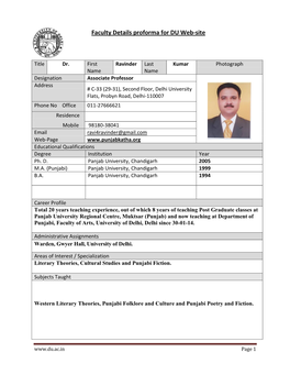 Faculty Details Proforma for DU Web-Site