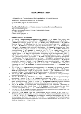 Downloadable List of All Studia Orientalia Publications