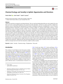 Chemical Ecology and Sociality in Aphids: Opportunities and Directions