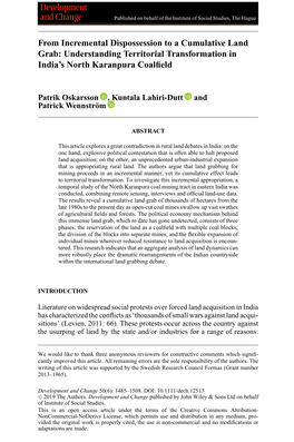 From Incremental Dispossession to a Cumulative Land Grab: Understanding Territorial Transformation in India’S North Karanpura Coalﬁeld