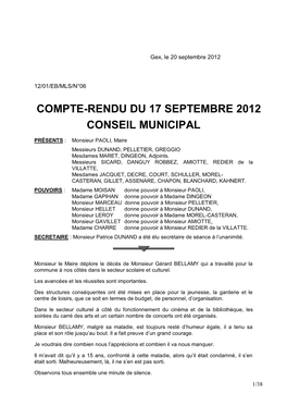 Compte-Rendu Du 17 Septembre 2012 Conseil Municipal