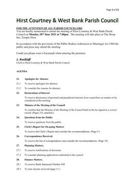 You Are Hereby Summoned to Attend the Meeting of Hirst Courtney & West Bank Parish Council on Monday 28Th June 2021 at 7.00Pm