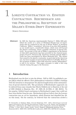 1 Lorentz Contraction Vs. Einstein Contraction. Reichenbach and the Philosophical Reception of Miller’S Ether-Drift Experiments