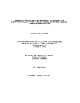 Behind the Resume: Influences on the Educational and Employment Trajectories of 1.5 and Second Generation Filipino- Canadians in Vancouver