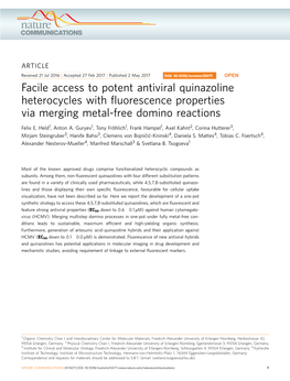 Facile Access to Potent Antiviral Quinazoline Heterocycles with ﬂuorescence Properties Via Merging Metal-Free Domino Reactions