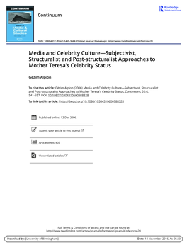 Media and Celebrity Culture—Subjectivist, Structuralist and Post-Structuralist Approaches to Mother Teresa's Celebrity Status