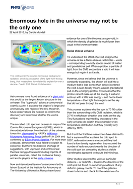 Enormous Hole in the Universe May Not Be the Only One 22 April 2015, by Carole Mundell