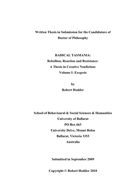 RADICAL TASMANIA: Rebellion, Reaction and Resistance: a Thesis in Creative Nonfiction: Volume I: Exegesis