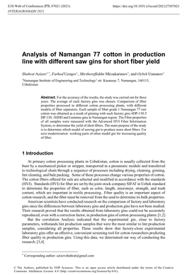 Analysis of Namangan 77 Cotton in Production Line with Different Saw Gins for Short Fiber Yield