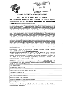 AL AYUNTAMIENTO DE COLMENAREJO Portavoz Comisión Legal De La Consulta Ciudadana Por La Sanidad