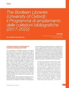 The Bodleian Libraries (University of Oxford): Il Programma Di Ampliamento Delle Collezioni Bibliografiche (2017-2022)