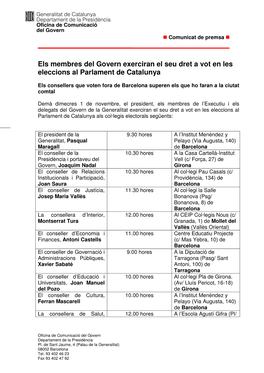 Els Membres Del Govern Exerciran El Seu Dret a Vot En Les Eleccions Al Parlament De Catalunya